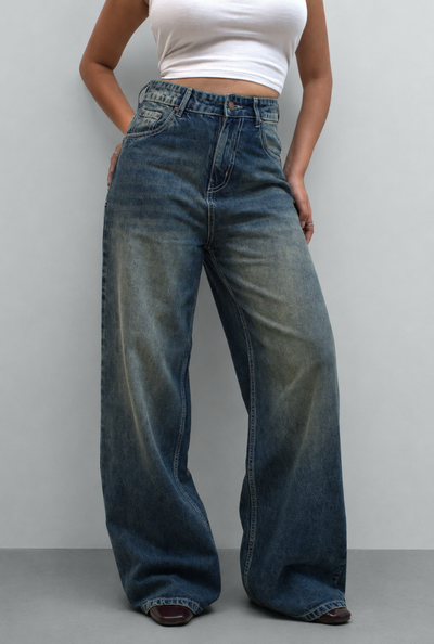 Boujee Blue Wash Baggy Wide Leg Jeans