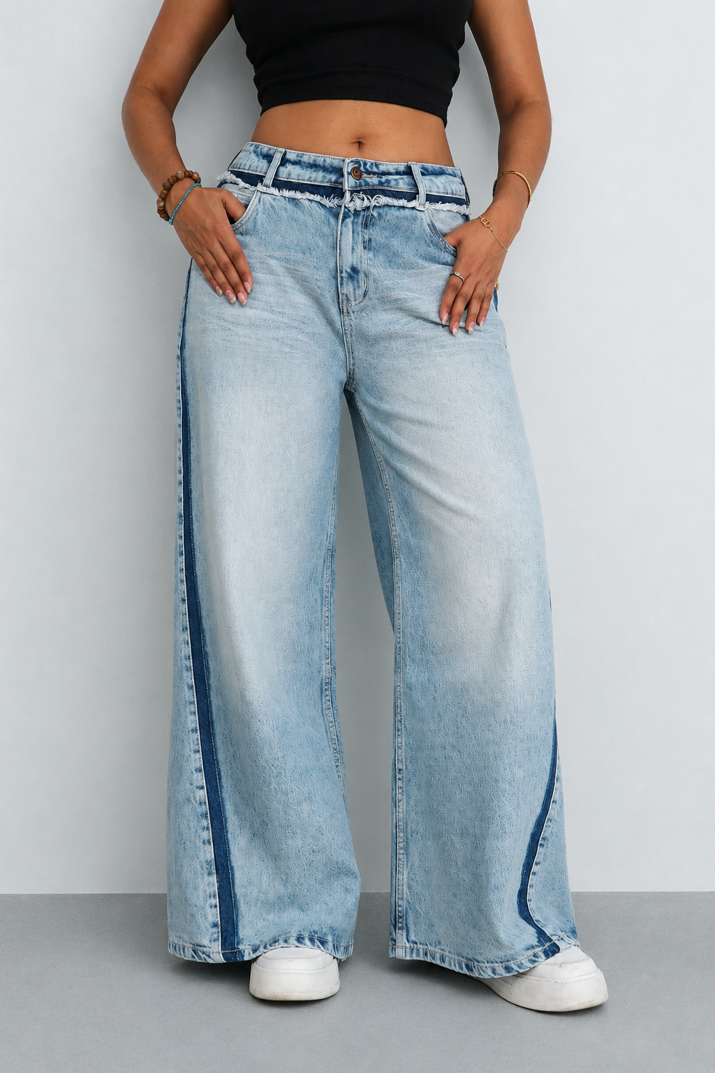 Blue Raw Track Extra Wide Leg Jeans