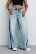 Blue Raw Track Extra Wide Leg Jeans