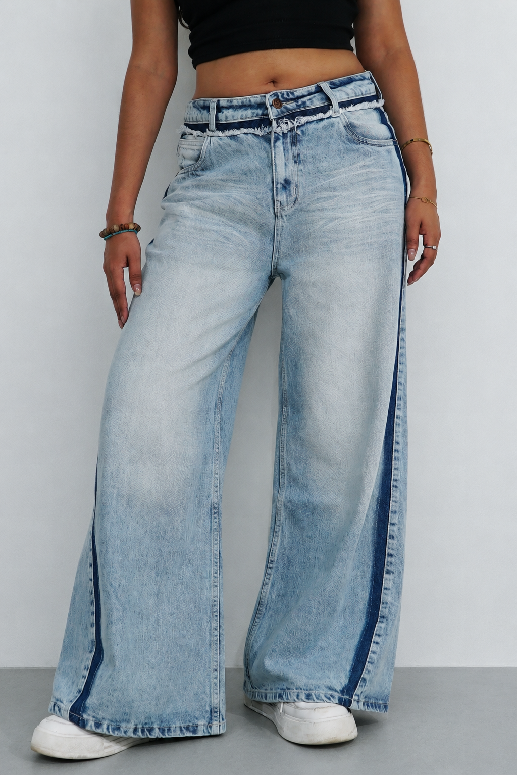 Blue Raw Track Extra Wide Leg Jeans