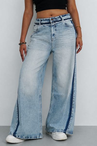 Blue Raw Track Extra Wide Leg Jeans