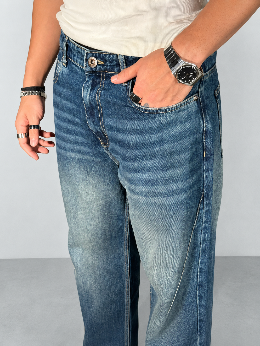 Raw Fringed Washed Baggy Jeans
