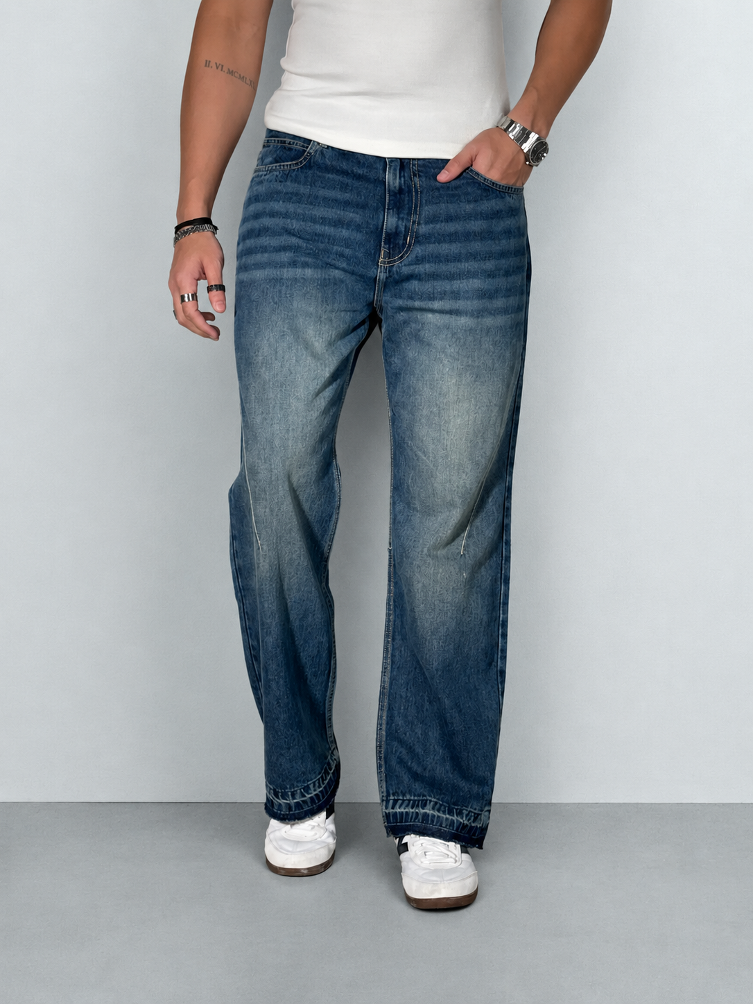 Raw Fringed Washed Baggy Jeans