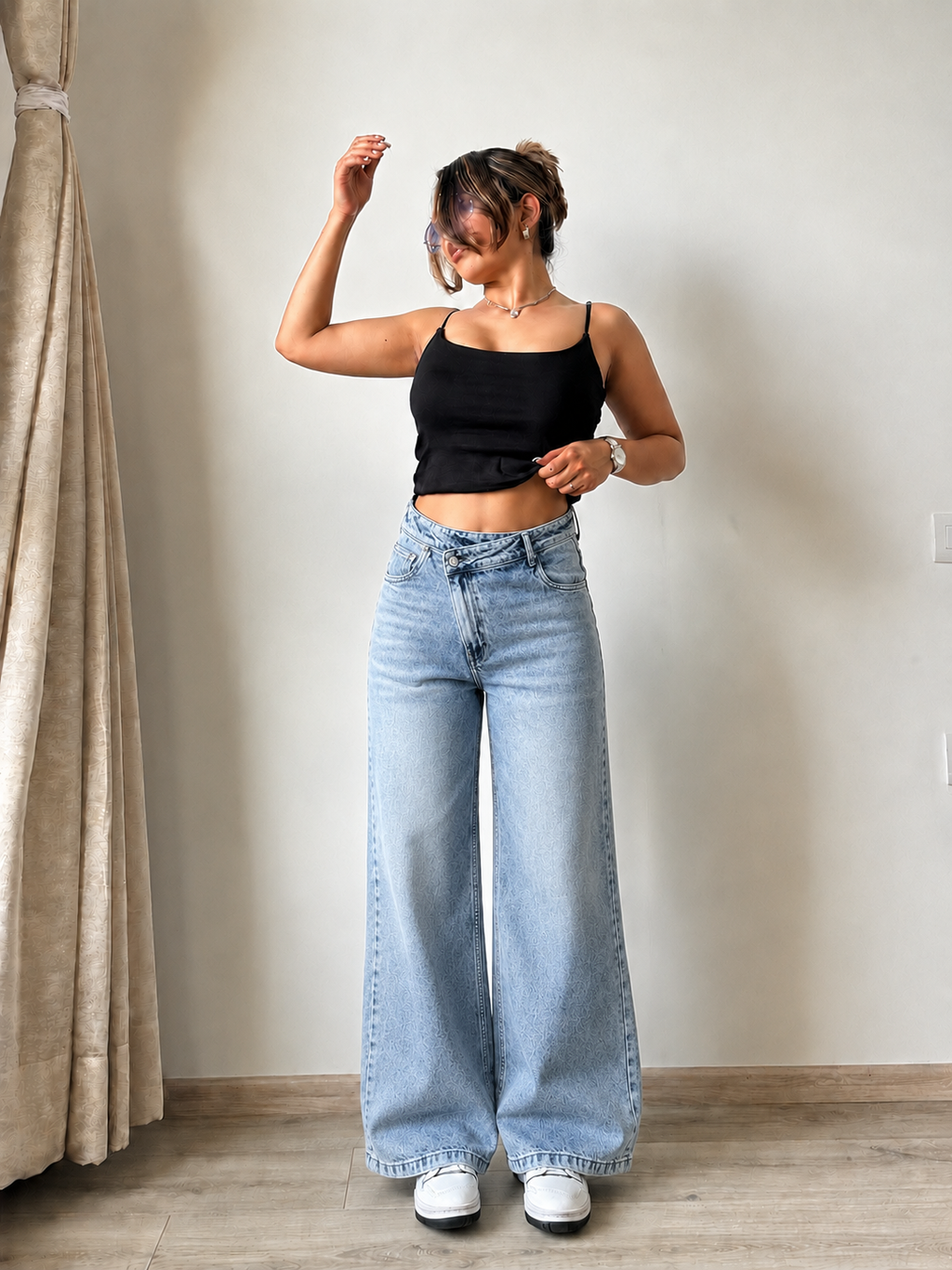 Asymmetric Belt Wide Leg Jeans