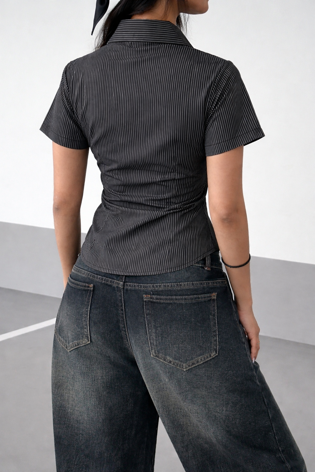 Stripe Waist Sculpt Short Sleeve Shirt