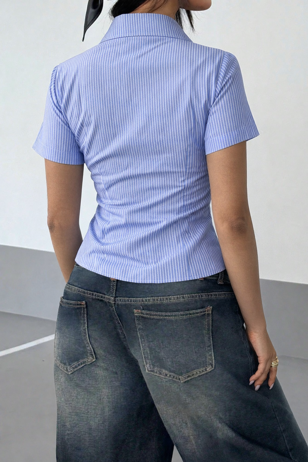 Stripe Waist Sculpt Short Sleeve Shirt