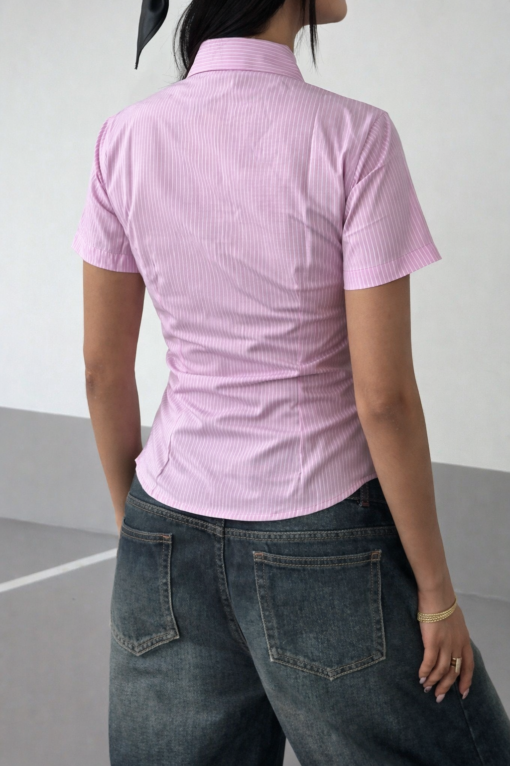 Stripe Waist Sculpt Short Sleeve Shirt