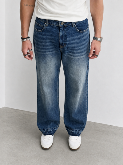 Raw Fringed Washed Baggy Jeans