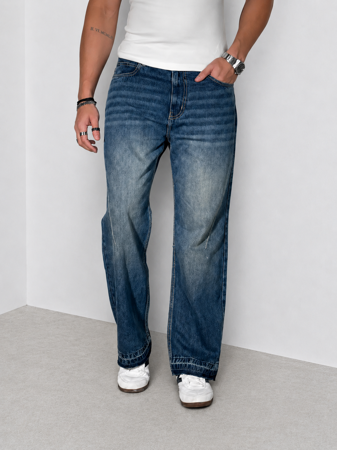 Raw Fringed Washed Baggy Jeans - Image 2