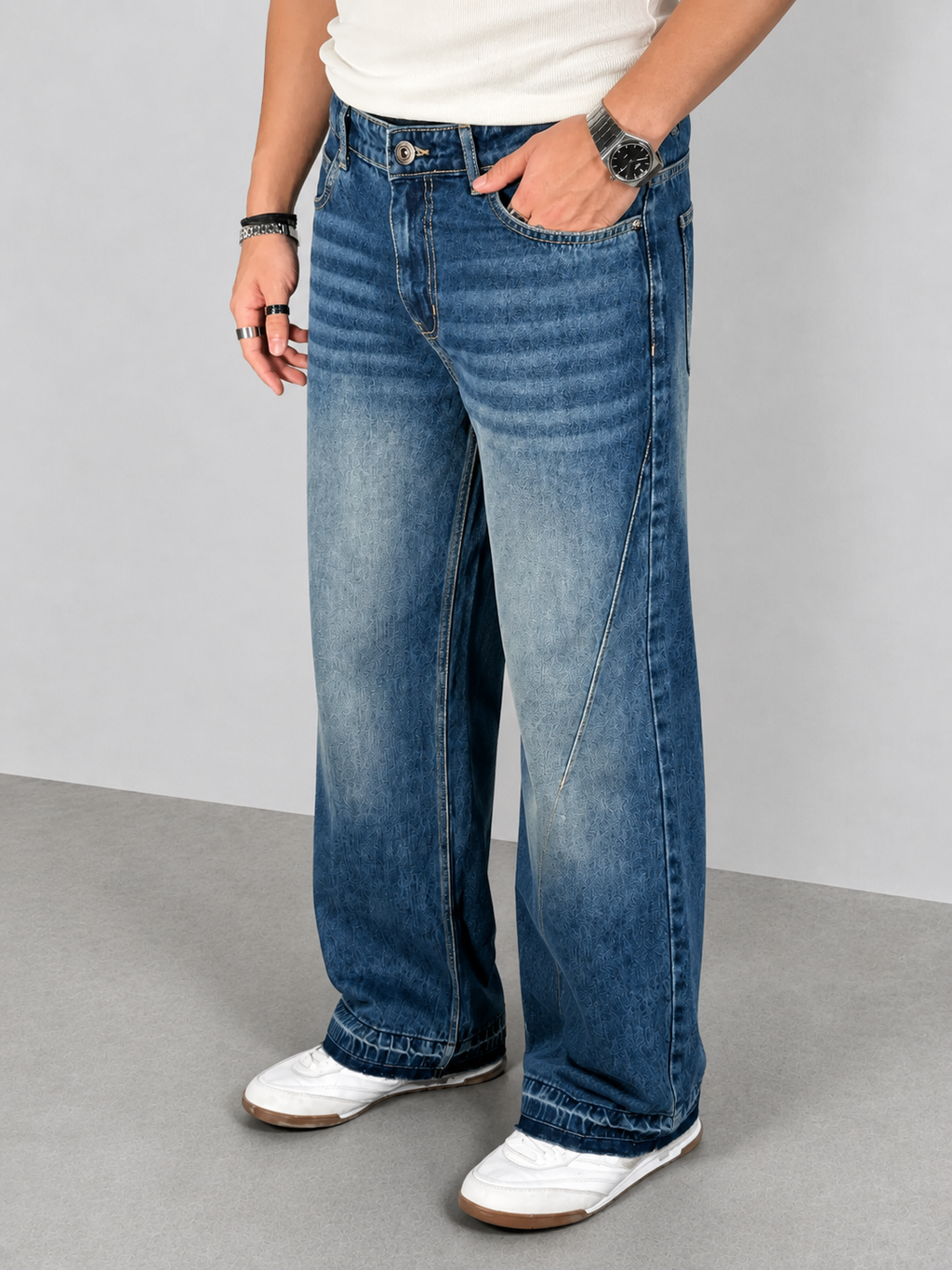 Raw Fringed Washed Baggy Jeans