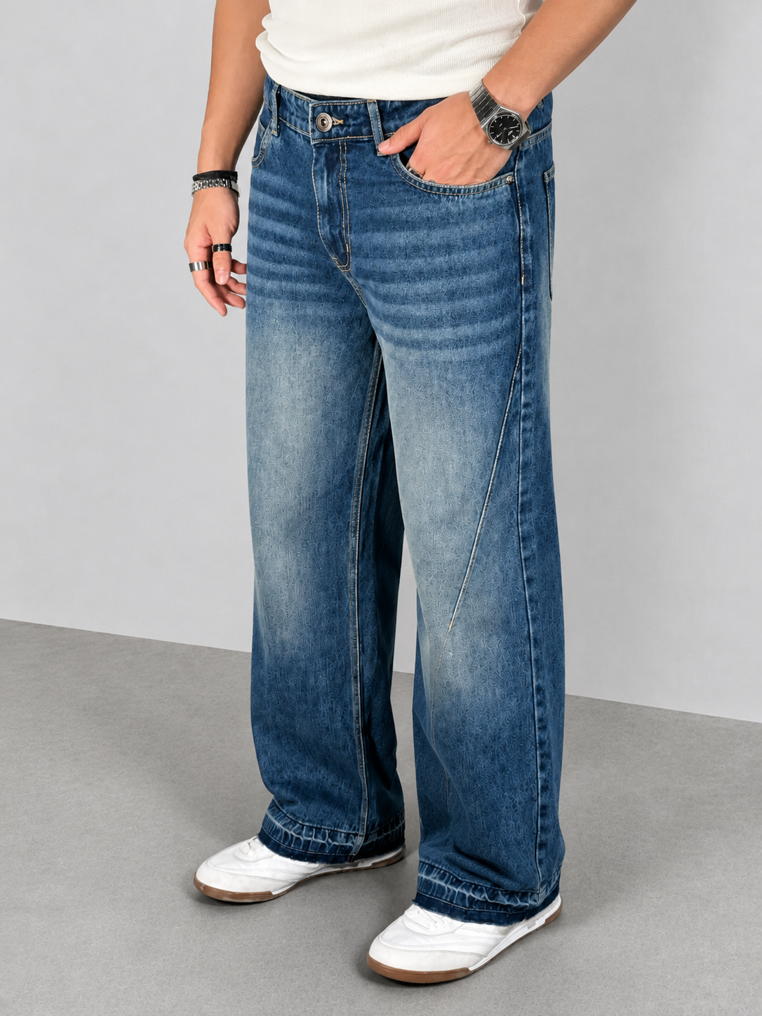 Raw Fringed Washed Baggy Jeans - Image 4