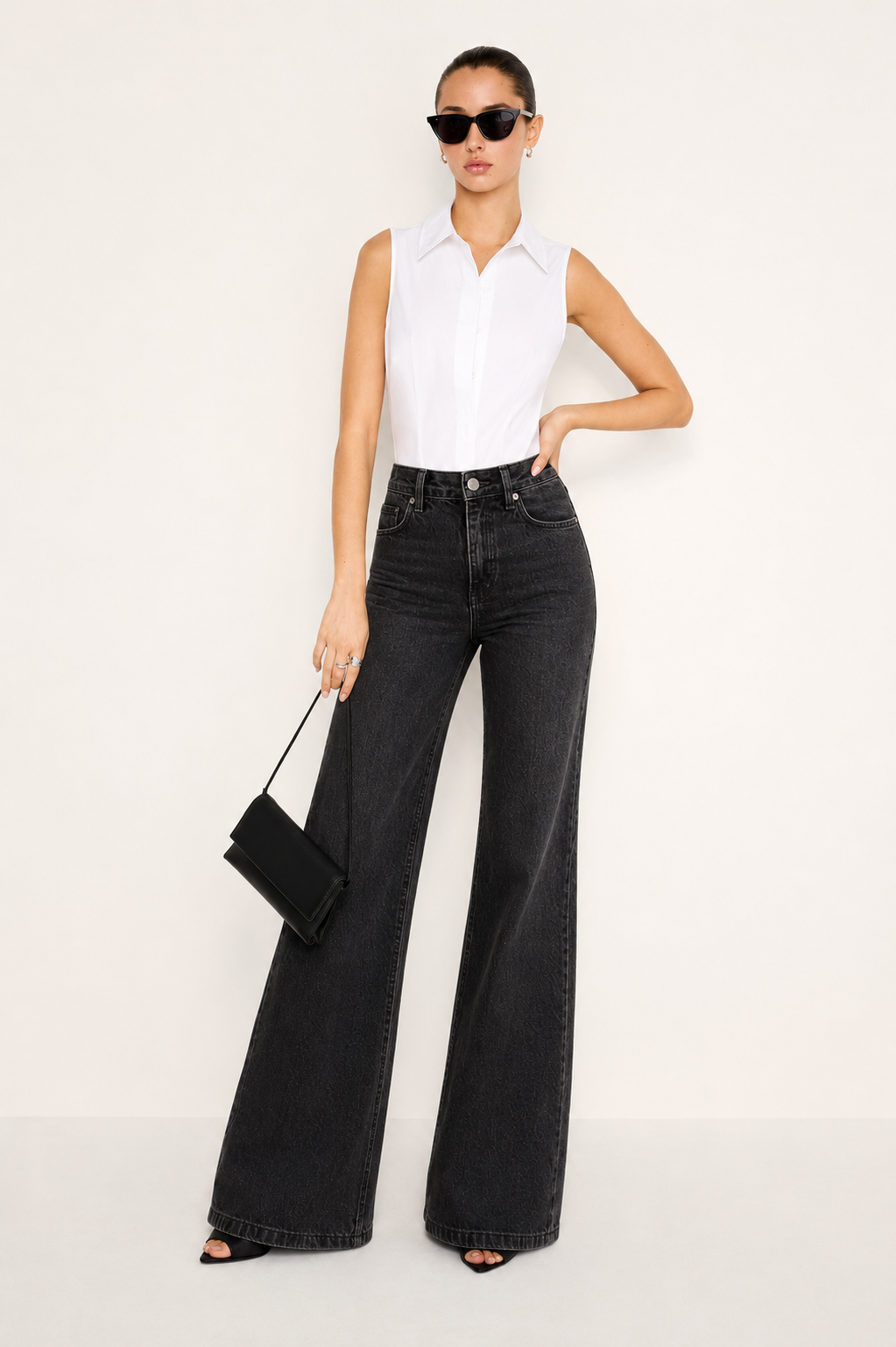 Onyx Black Stone Wash Wide Leg High Rise Jeans