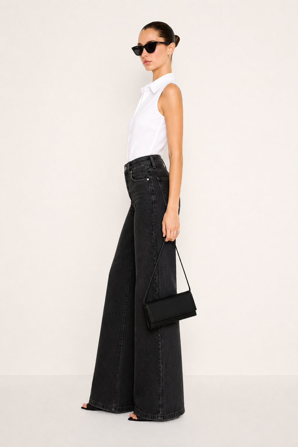 Onyx Black Stone Wash Wide Leg High Rise Jeans