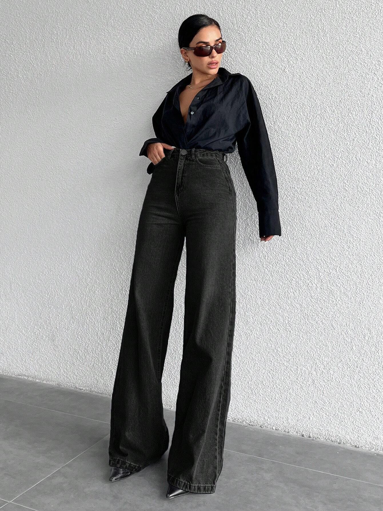 Onyx Black Stone Wash Wide Leg High Rise Jeans