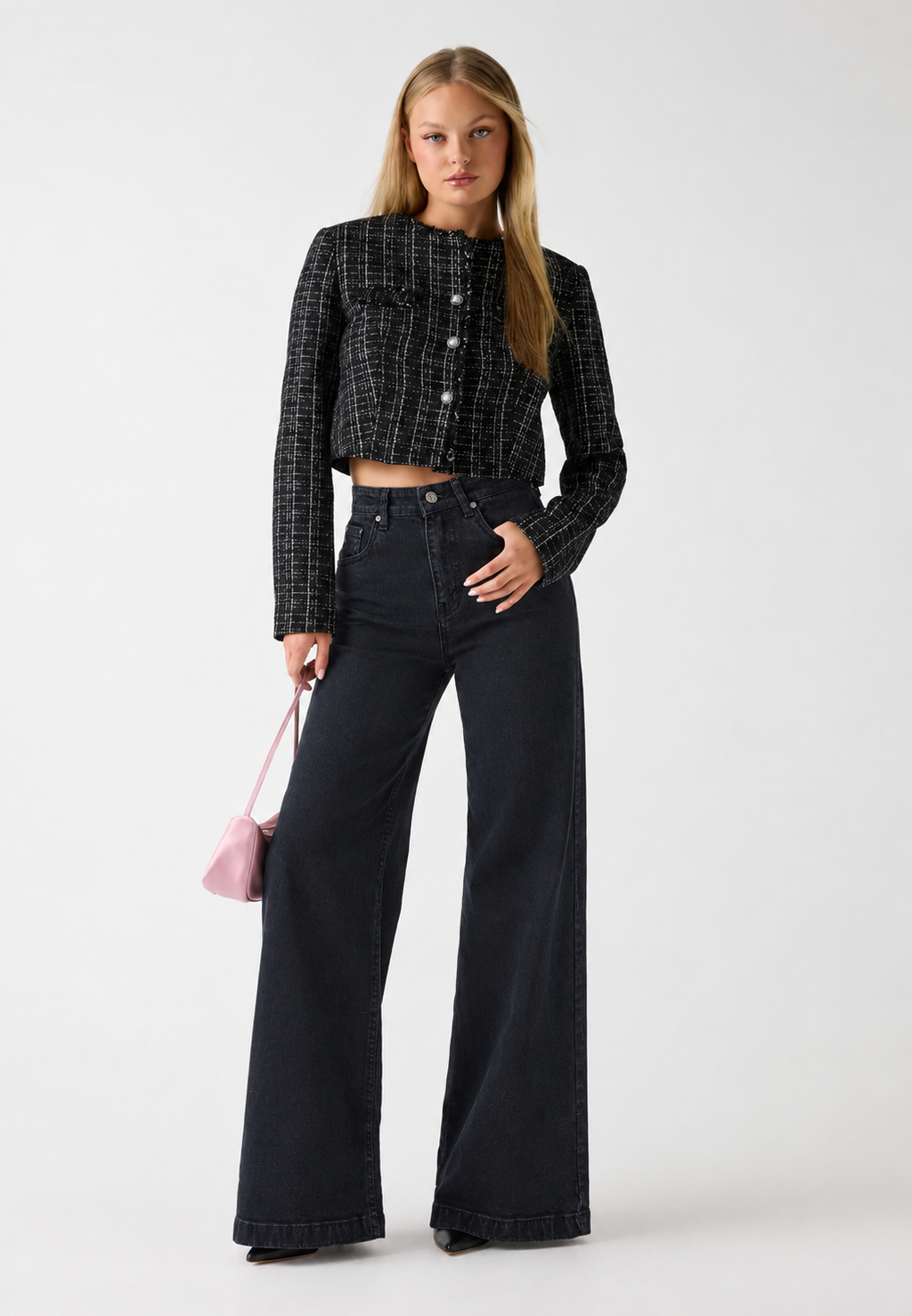 Onyx Black Stone Wash Wide Leg High Rise Jeans