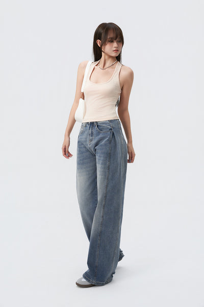 Pleat Panel Wide Leg Jeans