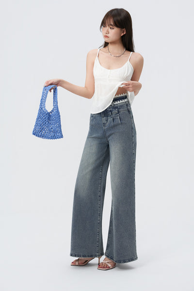Laced Pleat Wide Leg Jeans