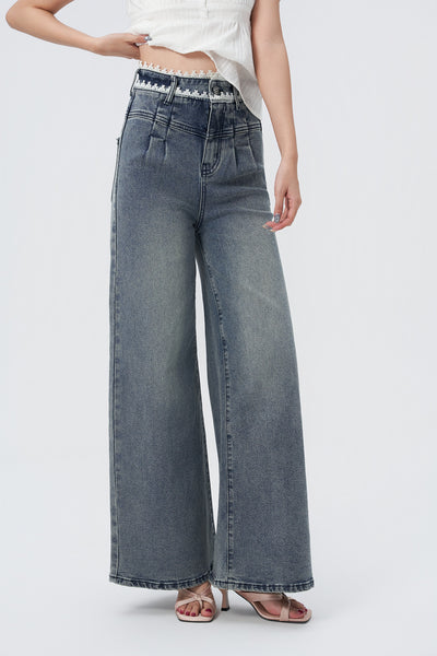 Laced Pleat Wide Leg Jeans