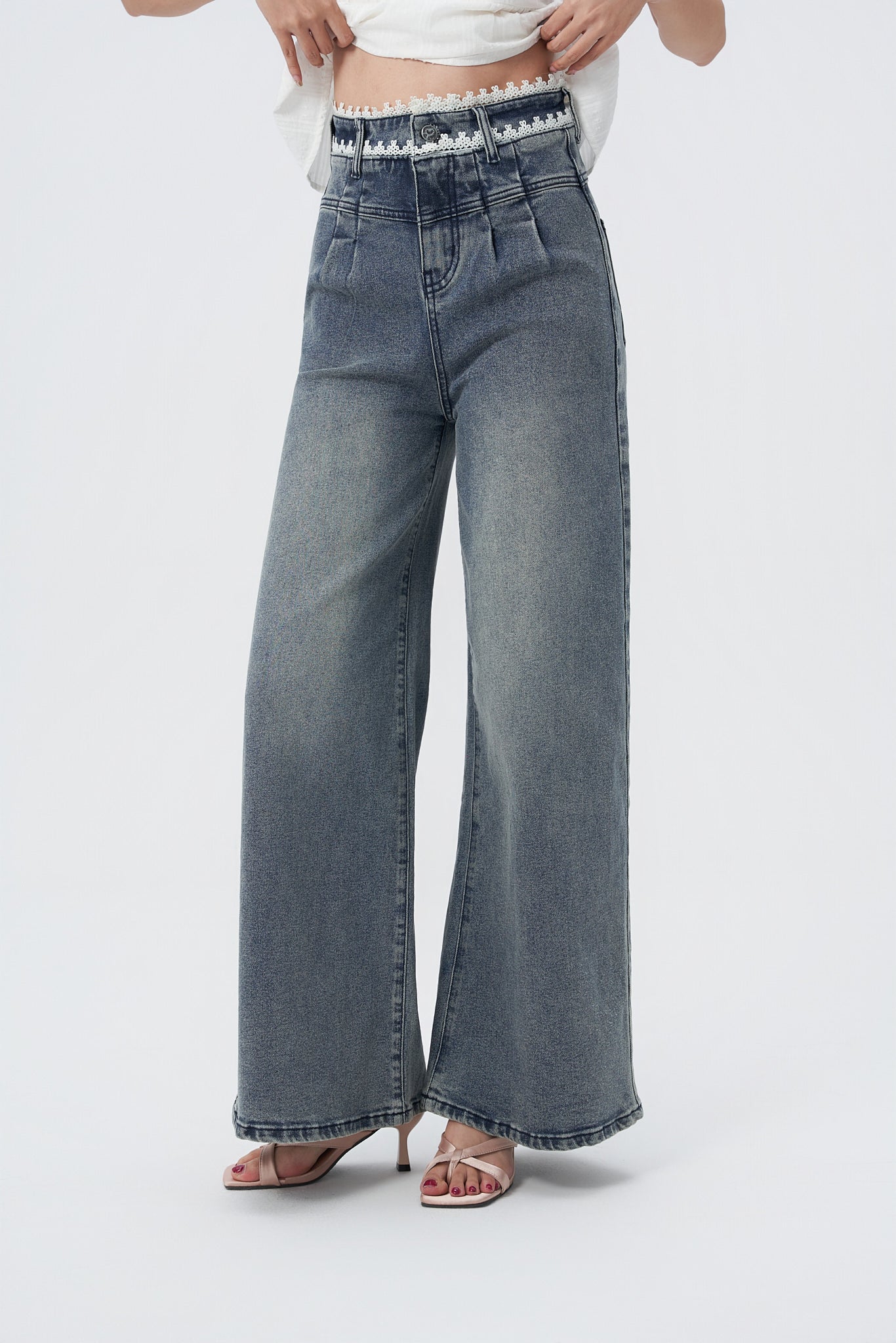 Laced Pleat Wide Leg Jeans