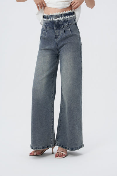 Laced Pleat Wide Leg Jeans