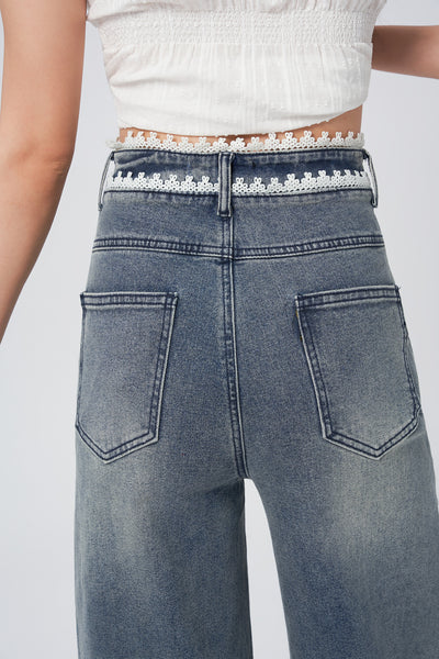 Laced Pleat Wide Leg Jeans