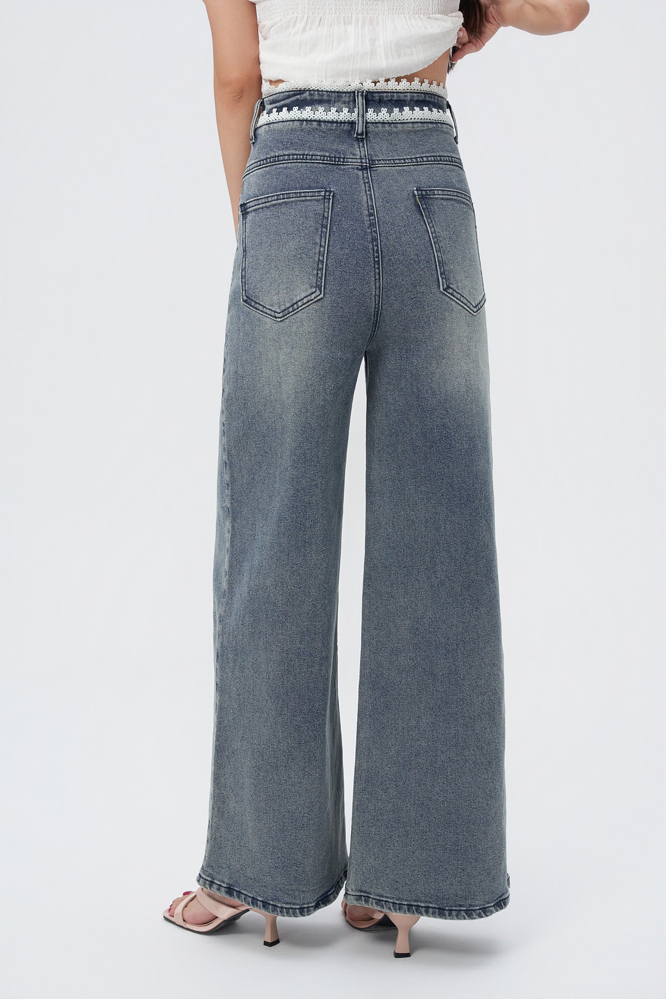 Laced Pleat Wide Leg Jeans