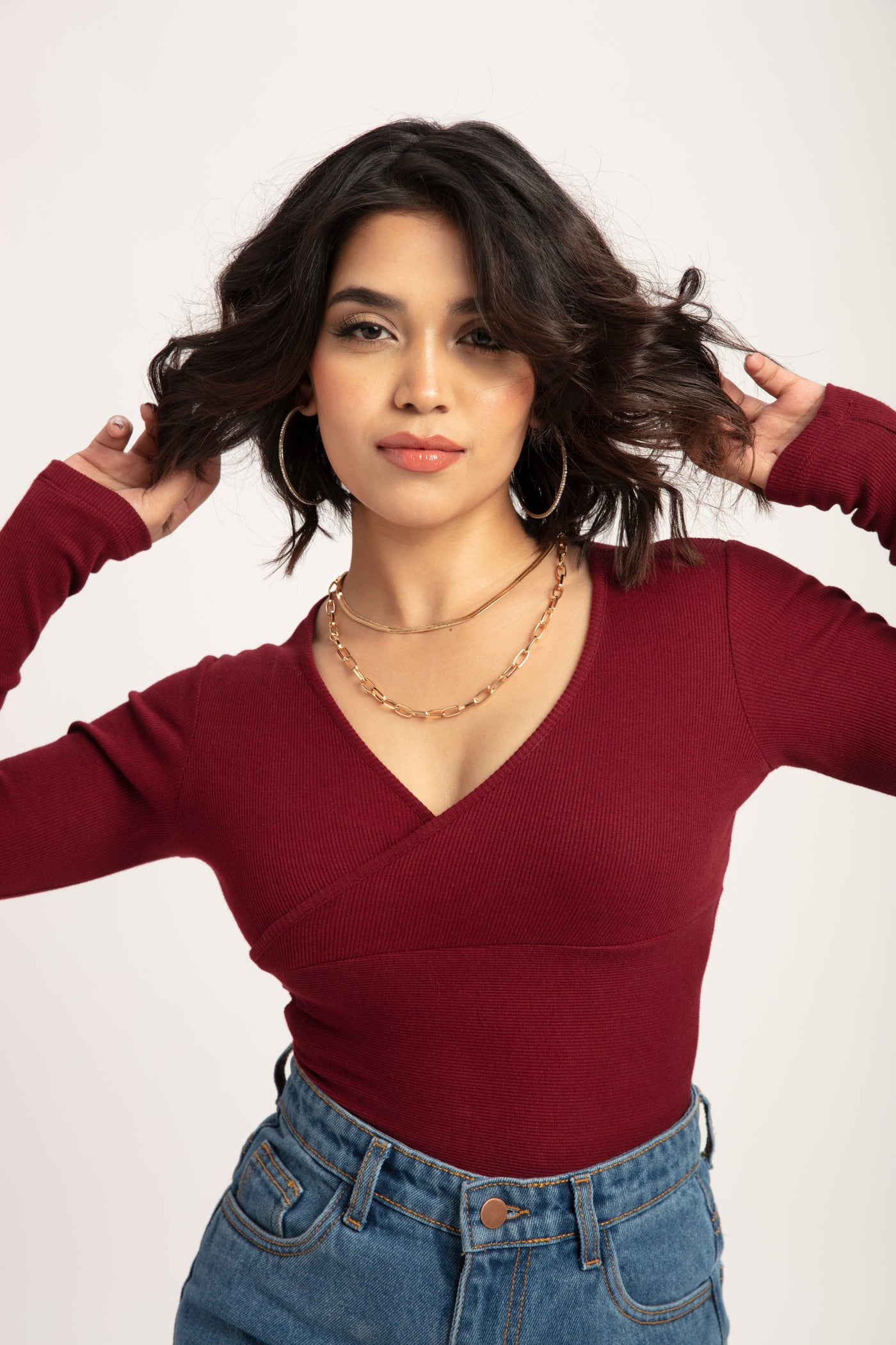 Burgundy V Neck full Sleeves Top