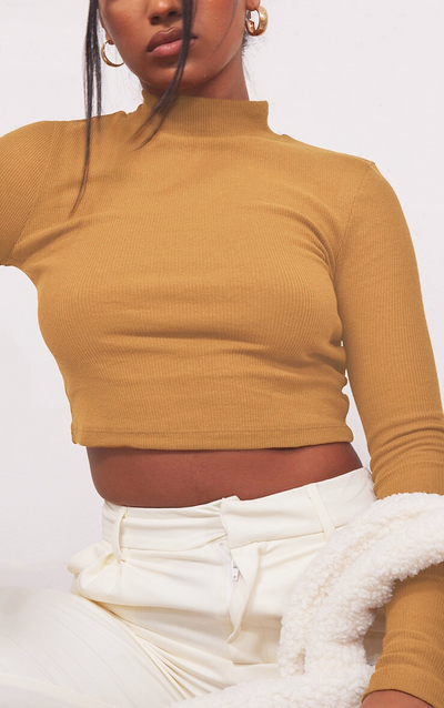 Tan Brown Mock Neck Full Sleeves Top