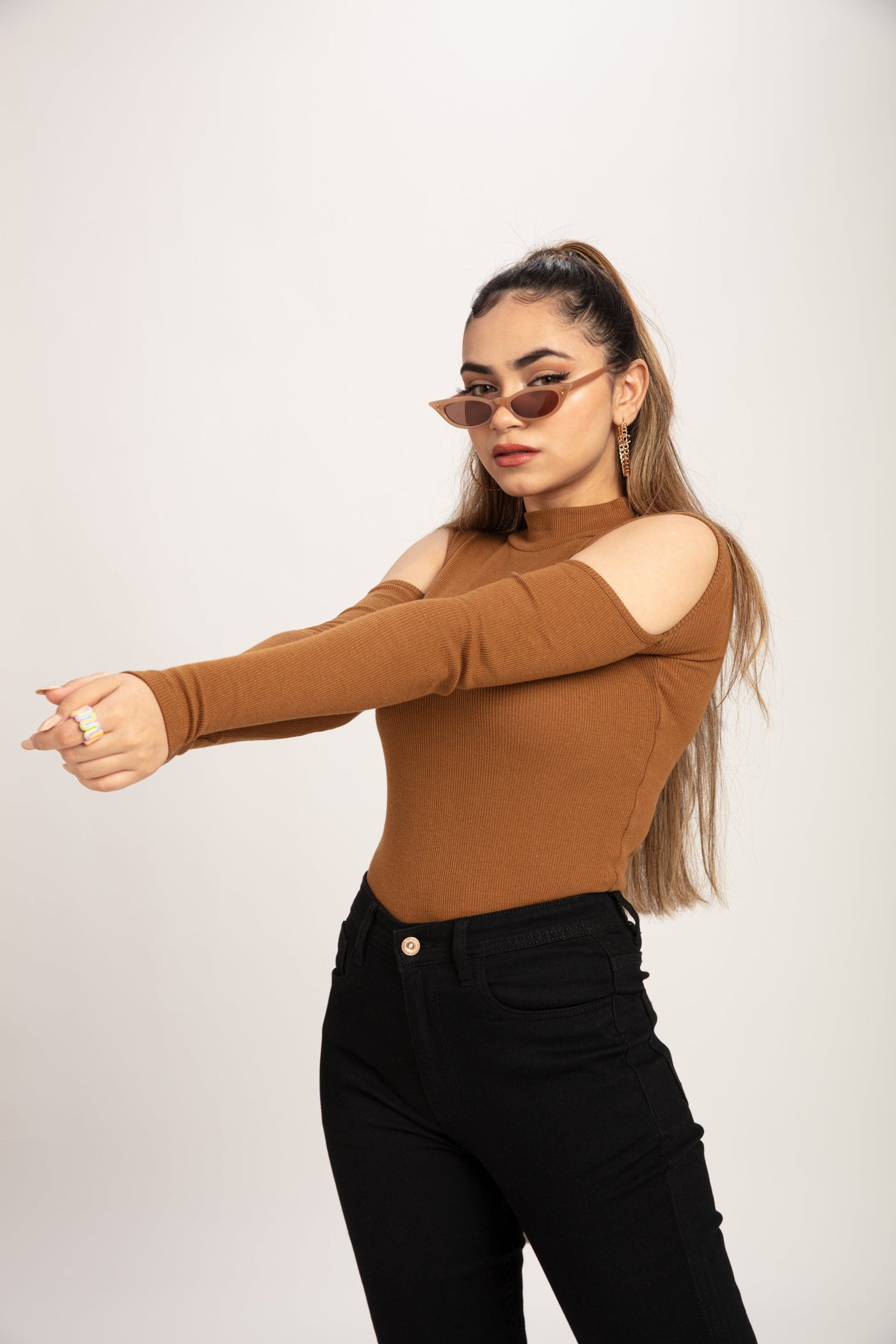 Teddy Brown Cold Shoulder Mock Neck Top