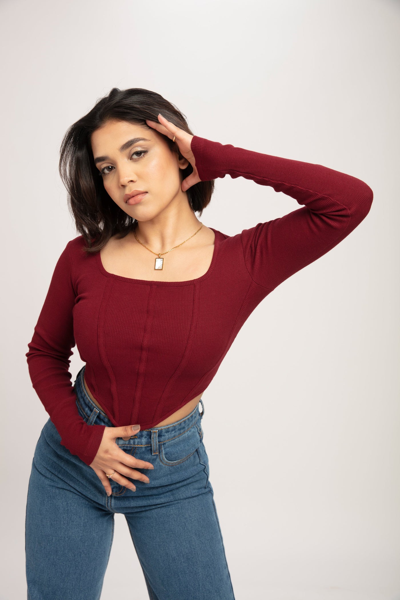 Cherry Red Long Sleeve Corset Top