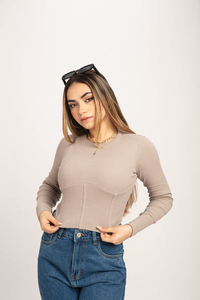 Grey Rib Corset Detail Long Sleeves Top