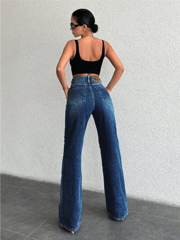 Edgy Blue Distress Wash Straight Leg Jeans