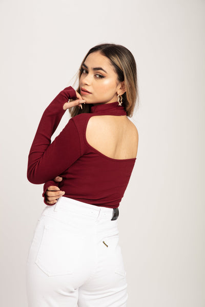 Burgundy Cut Out Shoulder Top