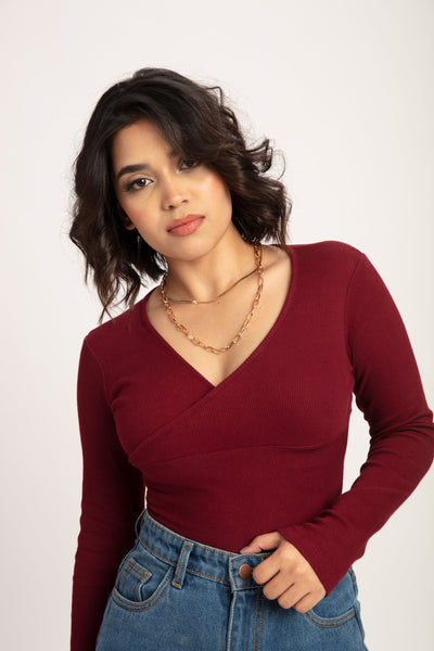 Burgundy V Neck full Sleeves Top