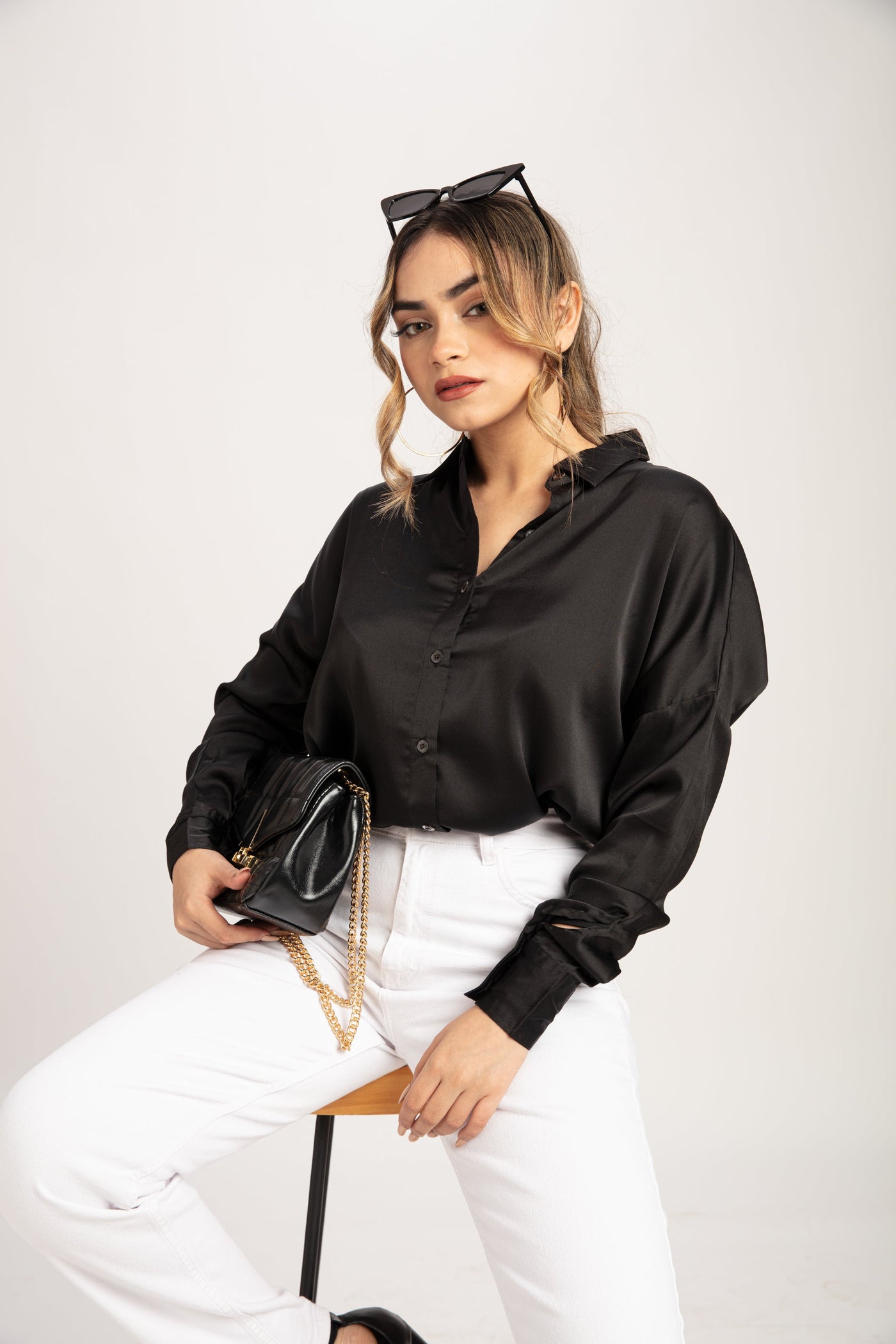 Elegant Black Satin Drop Shoulder shirt