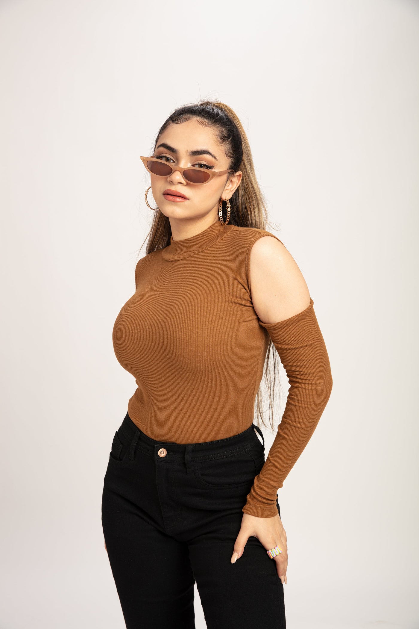 Teddy Brown Cold Shoulder Mock Neck Top