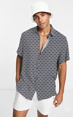 Greyish Blue geometric Print Short Sleeve Shirt