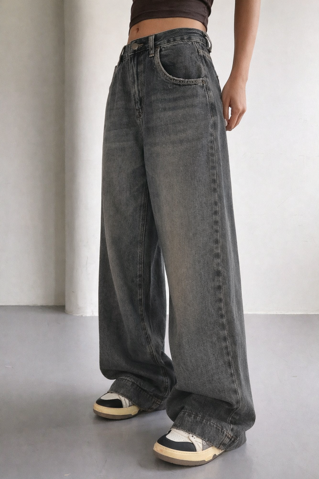 Grey Vintage Washed Wide Leg Baggy Jeans