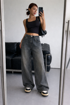 Grey Vintage Washed Wide Leg Baggy Jeans