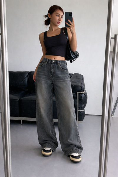 Grey Vintage Washed Wide Leg Baggy Jeans