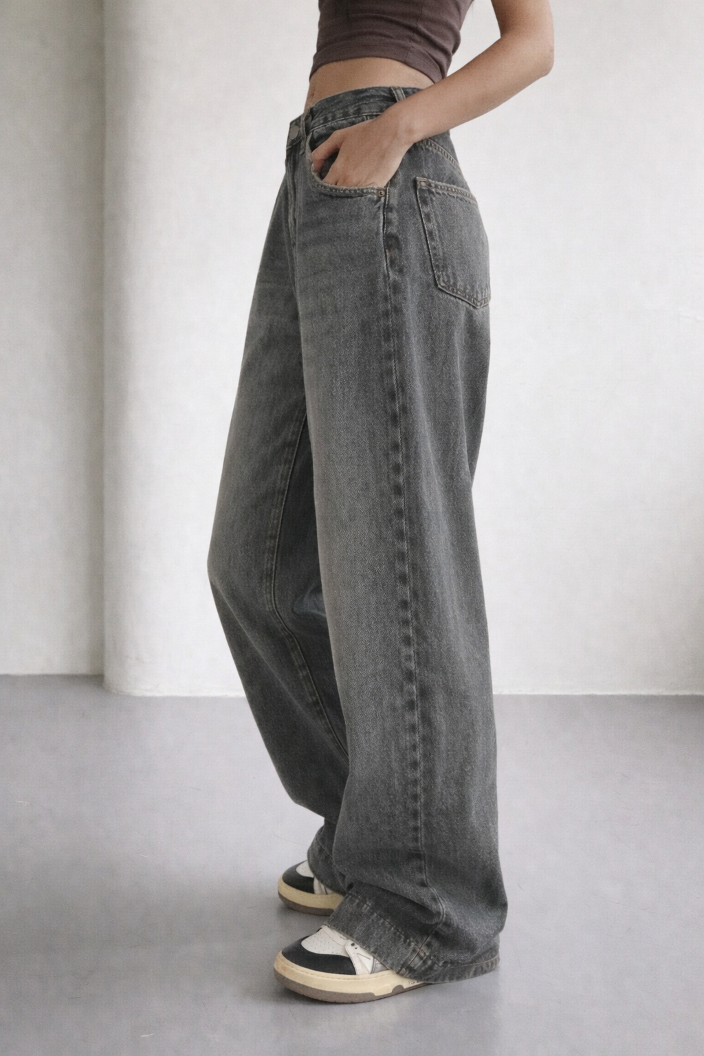 Grey Vintage Washed Wide Leg Baggy Jeans