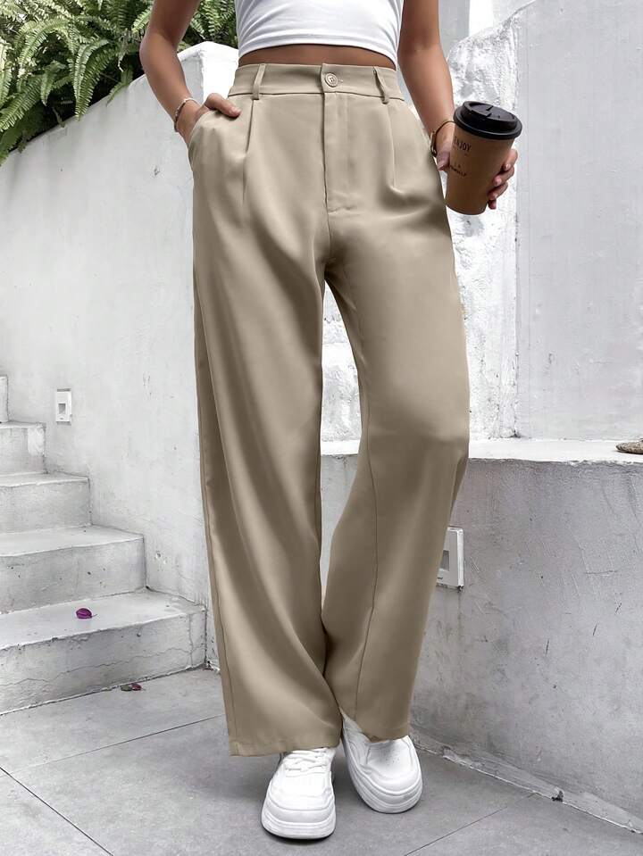 YWDJ Pants for Women High Waist Tummy Control High Waist Pants Turned Waist  Wide Leg Trousers Casual Slim Straight Trousers Khaki M