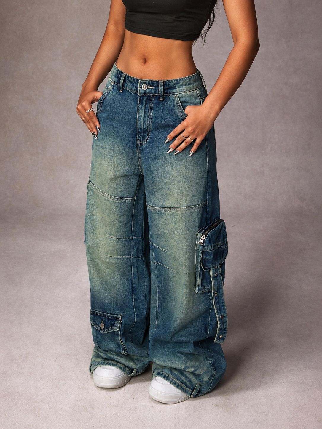Navy Solar Wide Leg Cargo Jeans