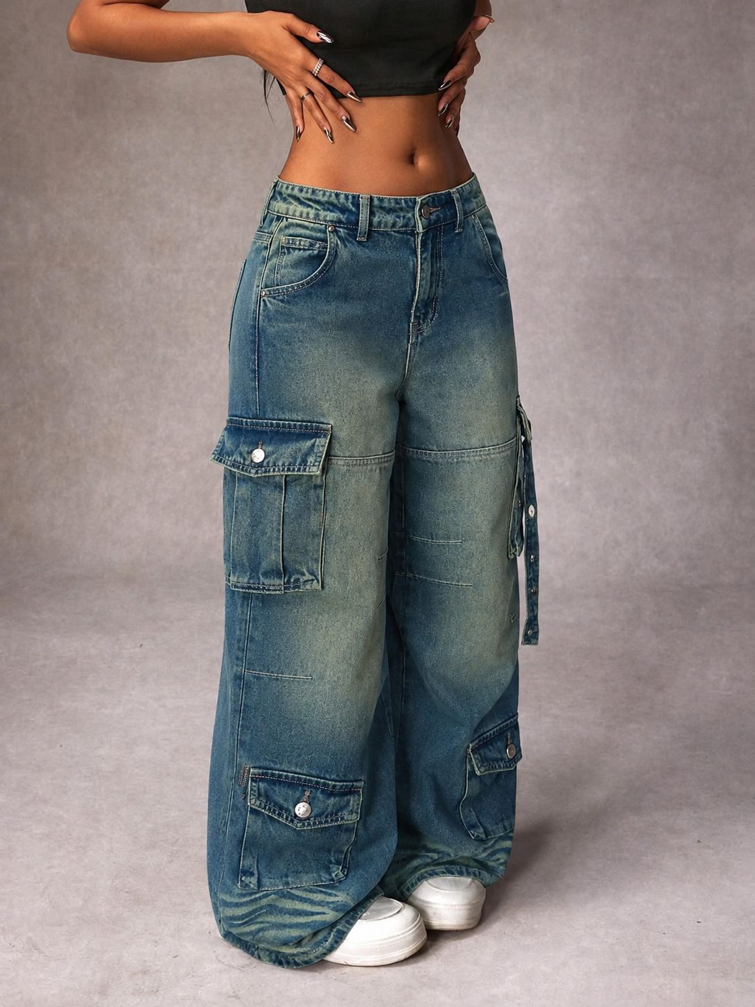 Navy Solar Wide Leg Cargo Jeans
