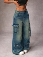 Navy Solar Wide Leg Cargo Jeans