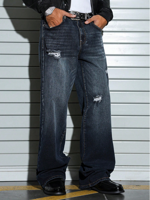 Blue Eclipse Distressed Loose Straight Fit Jeans