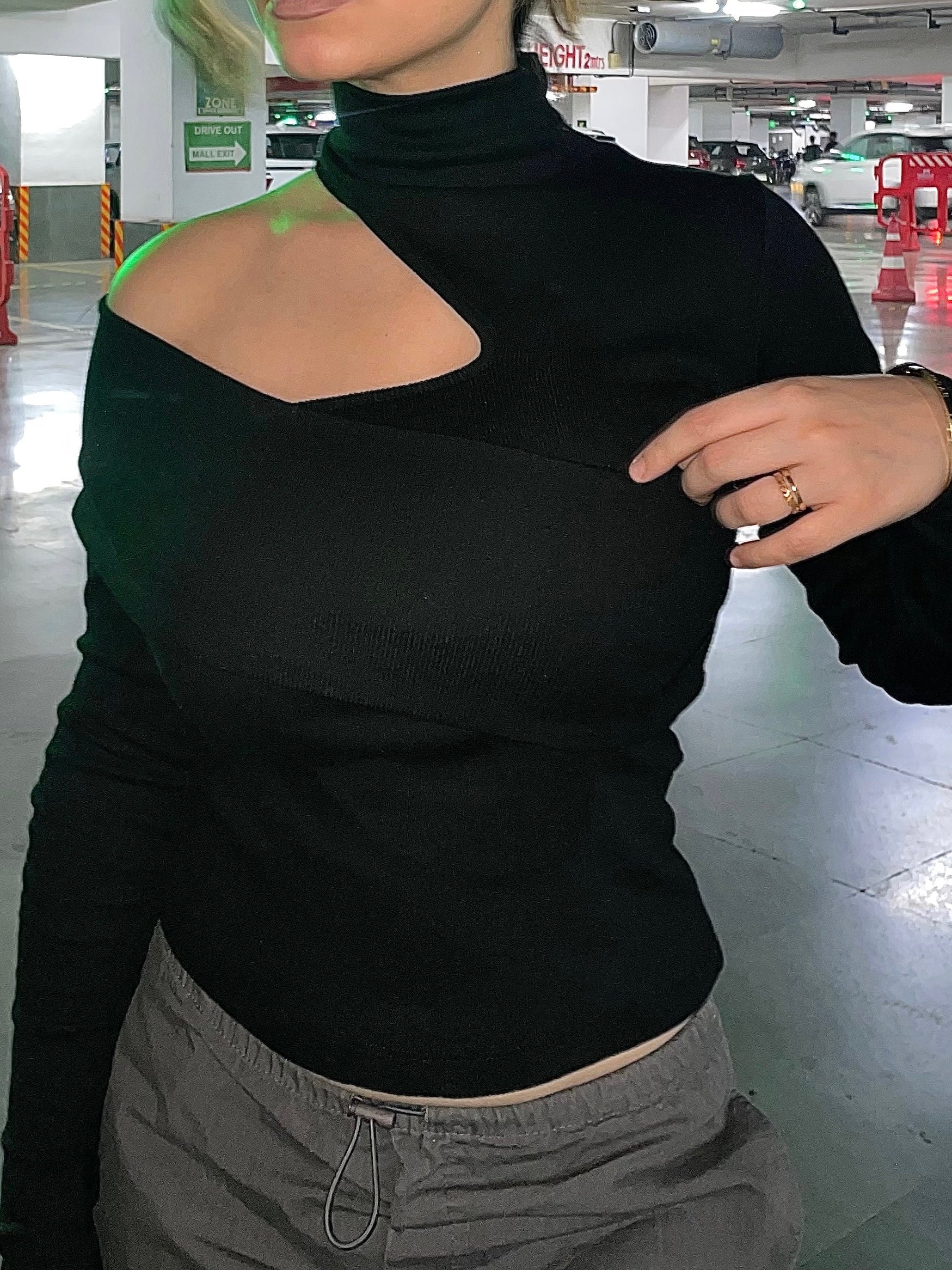 Wrapped Shoulder High Neck Rib Top