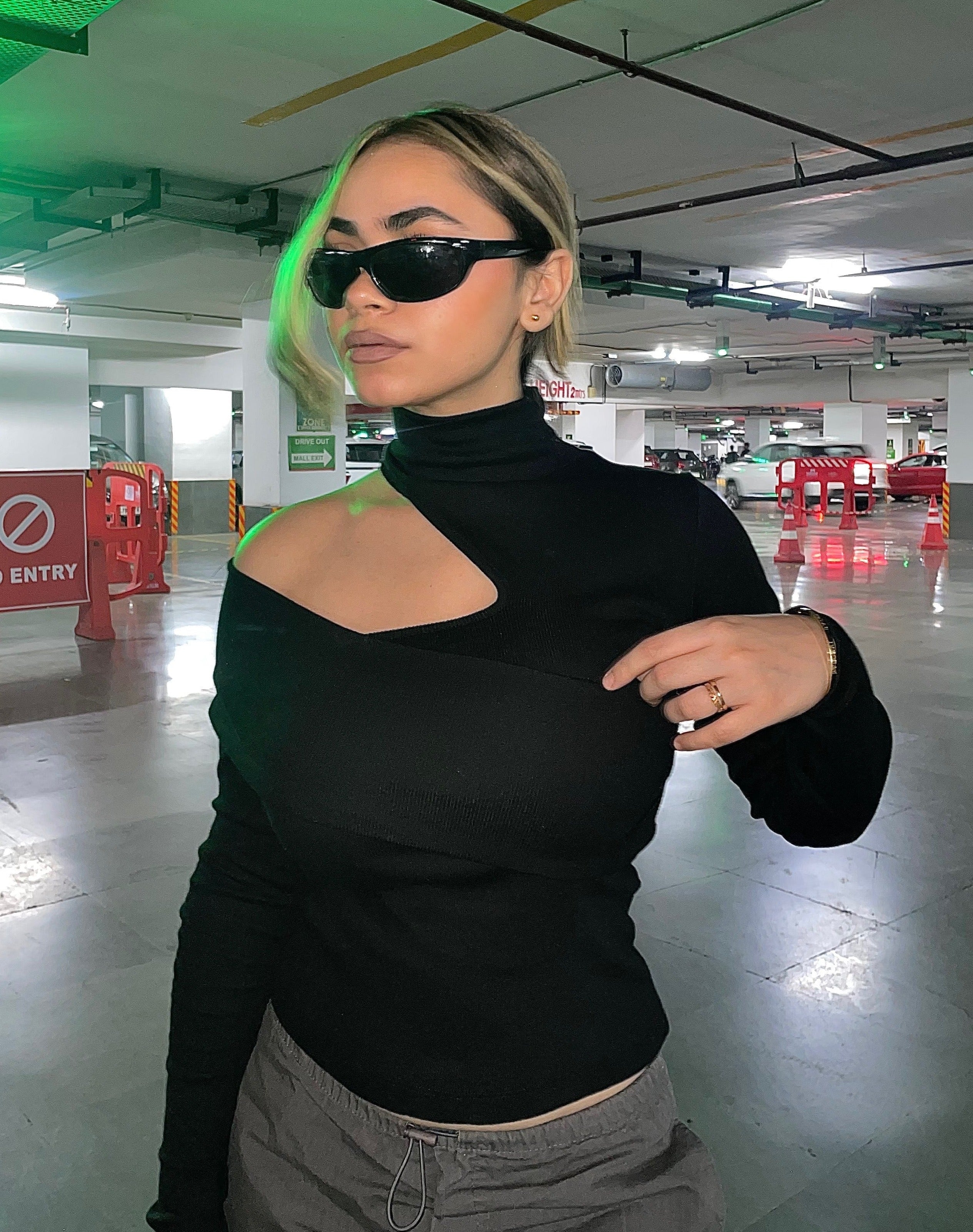 Wrapped Shoulder High Neck Rib Top