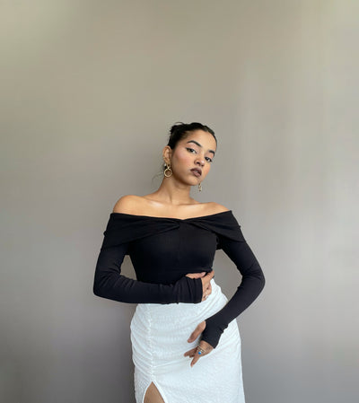 Twist N Turn Black Off Shoulder Rib Top