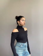 Cut Detail Polo Neck Rib Black Top